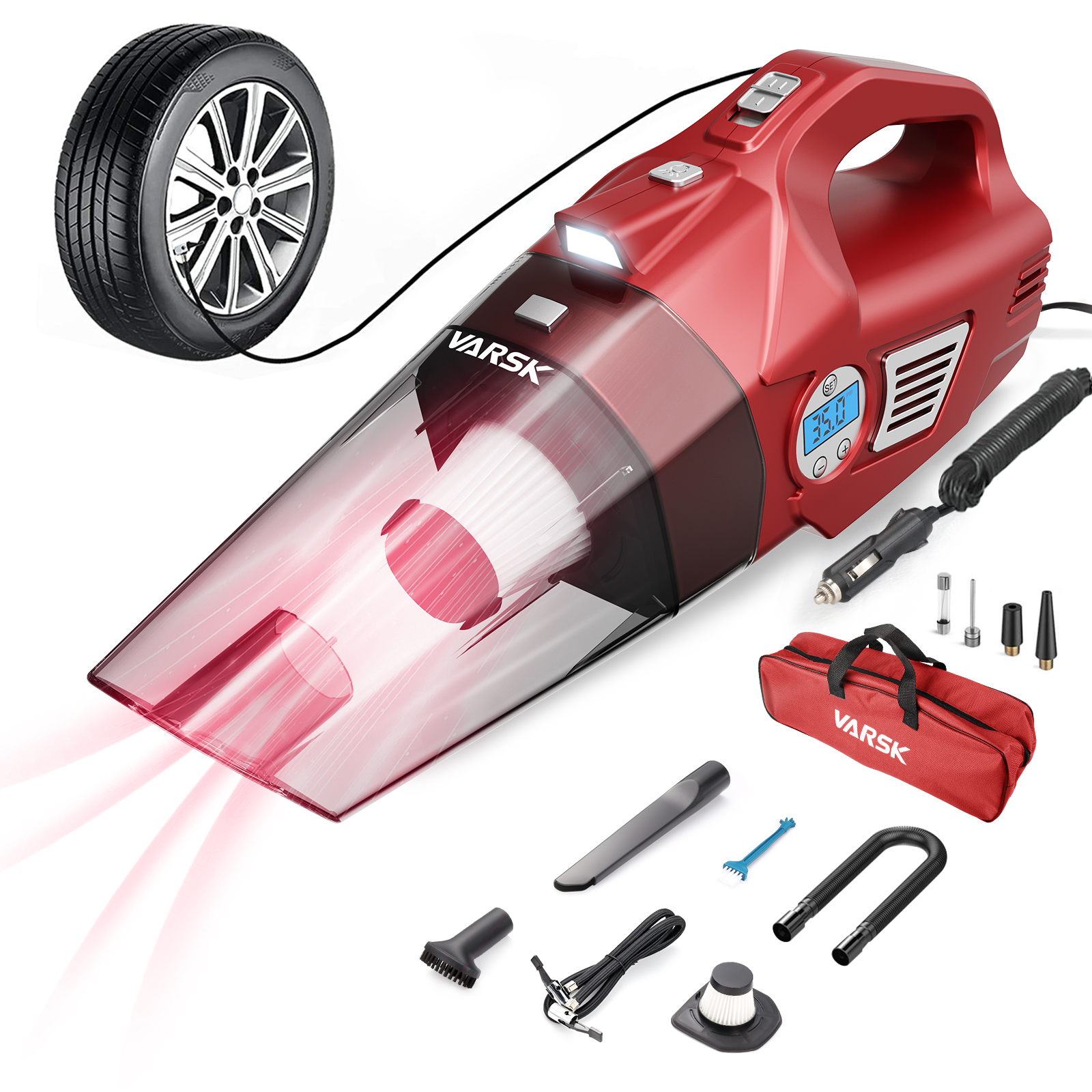 VARSK 4-in-1 Car Vacuum Cleaner Tire Inflator Red